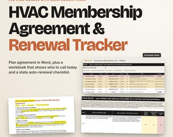 Könnte beinhalten: Ein HVAC-Mitgliedschaftsvertrag und Erneuerungs-Tracker-Kit mit einer Word-Dokumentvorlage, einer Excel-Arbeitsmappe mit 8 Registerkarten zur Kontaktverfolgung und einer Checkliste für automatische Verlängerungen. Text: HVAC Membership Agreement & Renewal Tracker.