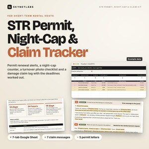 May include: A digital toolkit for short-term rental hosts titled STR Permit, Night-Cap & Claim Tracker. It includes a 7-tab Google Sheet, 7 claim messages, and 5 permit letters, featuring a tracker interface with alerts and example data.