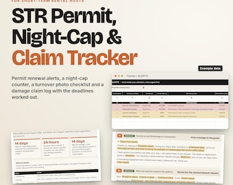 May include: A digital toolkit for short-term rental hosts titled STR Permit, Night-Cap & Claim Tracker. It includes a 7-tab Google Sheet, 7 claim messages, and 5 permit letters, featuring a tracker interface with alerts and example data.