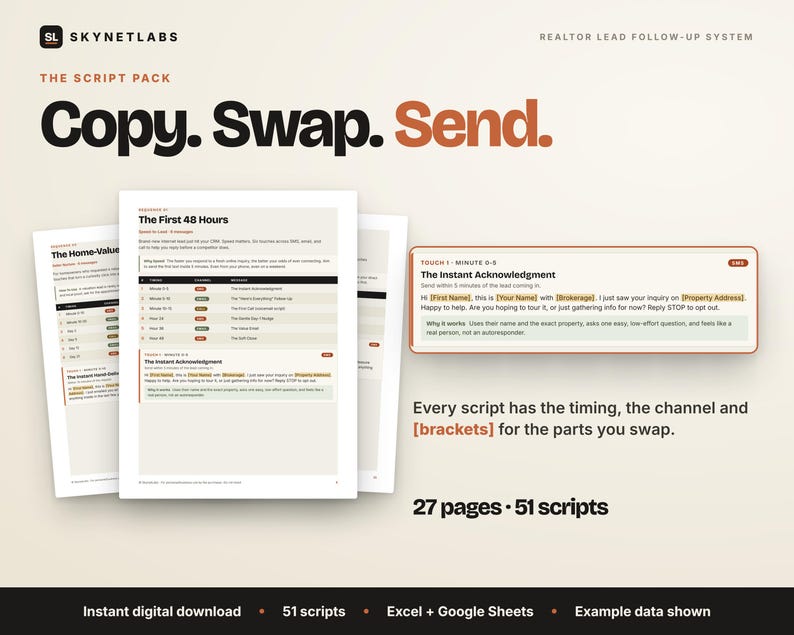 27-page branded PDF of 51 ready-to-send realtor email, text and call scripts