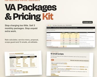Może przedstawiać: Cyfrowy zestaw narzędzi biznesowych zatytułowany VA Packages & Pricing Kit dla niezależnych wirtualnych asystentów. Zawiera arkusz kalkulacyjny stawek, szablon menu usług oraz 12 edytowalnych skryptów e-mail w formatach Excel, Google Sheets, Word i PDF.