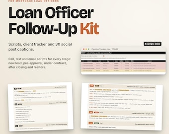 May include: A digital Loan Officer Follow-Up Kit featuring a pipeline tracker spreadsheet, call, text, and email scripts for mortgage professionals. The document includes 36 scripts, 30 social media captions, and is available in Word, PDF, and tracker formats.