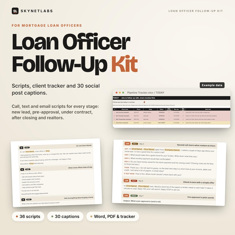 Loan Officer Follow-Up Kit: Scripts, Client Tracker, Social Captions (Digital Download) image 1