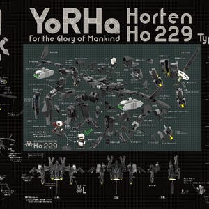 May include: A detailed diagram of a black and gray aircraft model, labeled "YoRHa Horten Ho 229 Type L" and "For the Glory of Mankind". The diagram shows the aircraft in various stages of assembly, with parts labeled in Japanese.