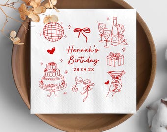Personalized Birthday Party Napkins, Custom Illustrated Napkins With Name And Date, Fun Birthday Tableware,Elegant Disposable Party Supplies
