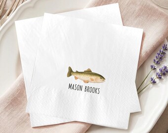 Personalized Fishing Baby Shower Napkins, Custom Fish Baby Shower Napkins, Fishing Birthday Party Napkins, Outdoor Theme Cocktail Napkins