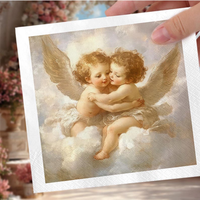 Może przedstawiać: Kwadratowa papierowa serwetka z klasycznym obrazem dw&oacute;ch obejmujących się cherubin&oacute;w. Postacie mają kręcone blond włosy, skrzydła i są osadzone na tle chmur. Grafika jest w miękkich, stonowanych tonacjach.