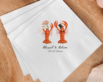 Personalized Lobster Wedding Napkins, Custom Bride And Groom Cocktail Napkins, Coastal Seafood Guest Towels, Beach Wedding Favors