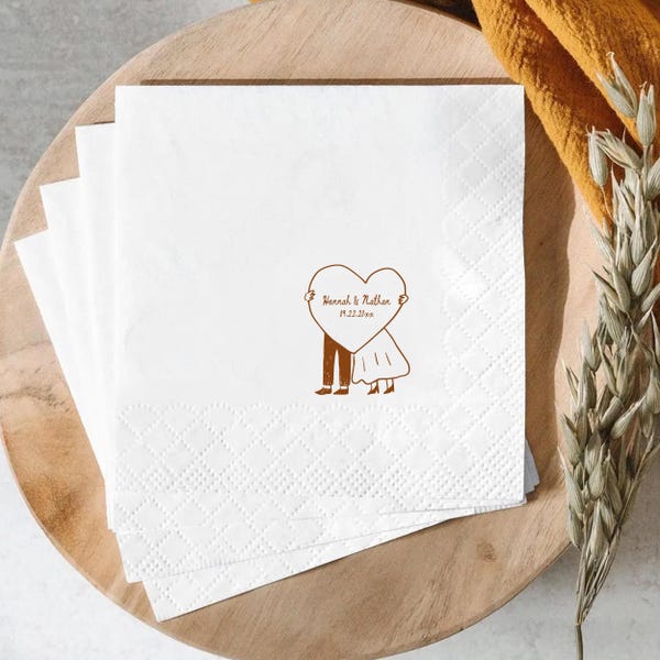 Personalized Wedding Napkins, Custom Heart Couple Cocktail Napkins, Minimalist Bride Groom Beverage Napkins, Guest Towels Favor
