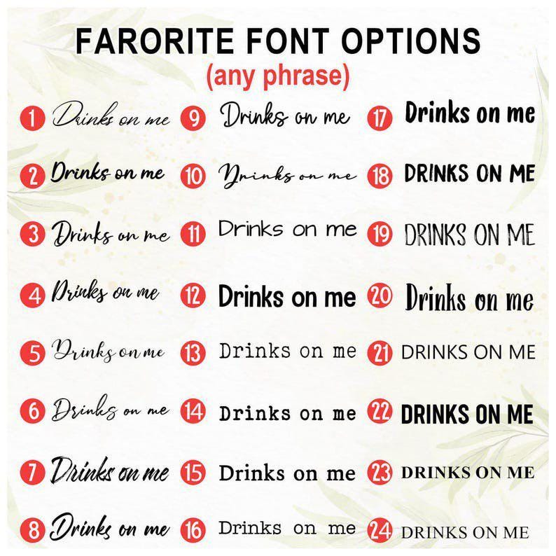 Może przedstawiać: Grafika prezentująca 24 opcje czcionek dla frazy "Drinks on me". Każda opcja jest ponumerowana i wyświetlana w innym stylu czcionki, od eleganckiego pisma po pogrubione bezszeryfowe.