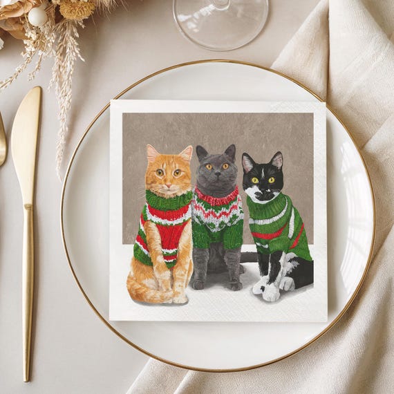 Christmas Cat Cocktail Napkins, Cute Sweater Cats Holiday Napkins, Cat Lover Beverage Napkins, Xmas Party Decor, Pet Lover Gift Guest Towels