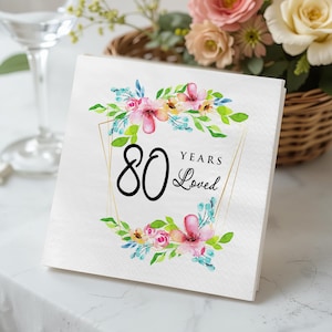 Personalized 80th Birthday Napkins, Floral Party Napkins, Custom Milestone Birthday Tableware, Elegant Disposable Party Supplies