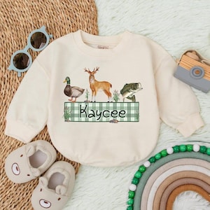 Personalized Name Mallard Duck Hunting Romper Sweater, Newborn Bodysuit, Boy Ducking Hunter Baby Romper, Ducks Deer Fishing, Hunting Buddy