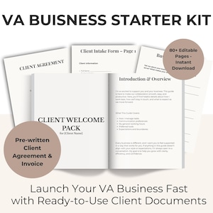 Op de afbeelding: Een VA Business Starter Kit met klantdocumenten. De afbeelding toont een Client Welcome Pack, Client Agreement en Client Intake Form. De kit bevat voorgeschreven klantovereenkomsten en facturen, met meer dan 80 bewerkbare pagina's.