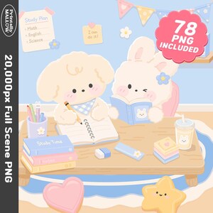 Puede incluir: Ilustración digital de una escena de estudio con dos personajes de dibujos animados, un perro y un conejo, en un escritorio de madera. El perro está escribiendo y el conejo está leyendo. La escena incluye libros, artículos de papelería y el texto "Study Time". Una pancarta rosa dice "78 PNG Included".