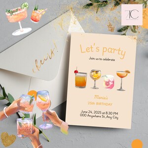 Uitnodiging voor cocktailparty | Bewerkbare Canva-sjabloon | Uitnodiging voor een avondje uit met vriendinnen | Afdrukbare digitale kaart | Direct downloaden