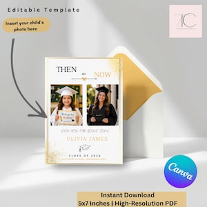 Könnte beinhalten: Eine Abschlussankündigungsvorlage mit goldenem Rand, die zwei Fotos zeigt: eines eines Kindes im Kindergarten und ein weiteres eines Absolventen. Der Text enthält "Then and Now", "Look How Far You've Come" und "Class of 2026". Die Vorlage ist 12,7 x 17,8 cm groß.
