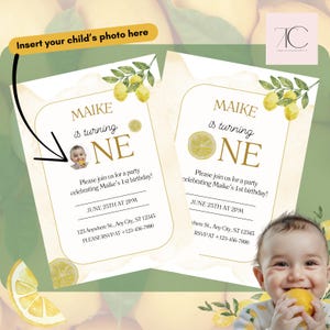 Convite de primeiro aniversário com limão – Convite de aniversário editável e personalizado – Modelo de festa para qualquer idade – Tema cítrico de verão – Download instantâneo