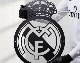 Placa decorativa do Real Madrid, arte de parede com o logotipo do Real Madrid, placa de metal do clube de futebol, presente para torcedores do Real Madrid, decoração de parede com o escudo do Real Madrid, arte de parede em metal, placa para quarto