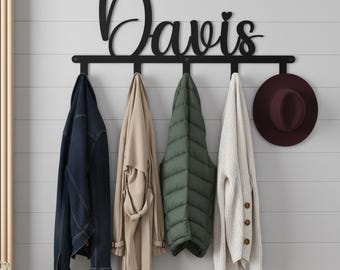 Perchero personalizado con nombre, ganchos personalizados con nombre de familia, ganchos decorativos de pared, ganchos resistentes para bolsos, ganchos minimalistas para abrigos, ganchos para entrada.
