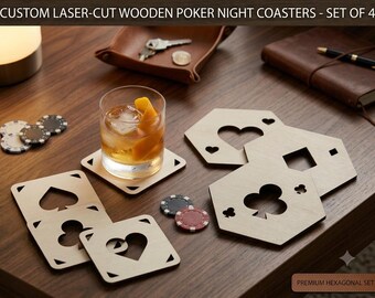 Casino Theme Wooden Coaster Set: Playing Card Symbols with Stand