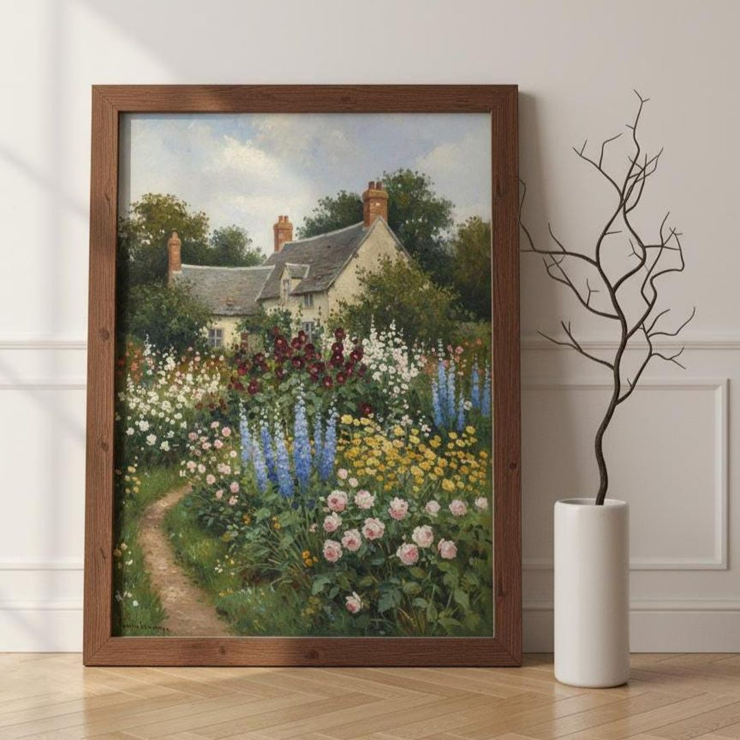 Printable Cottage Garden Wall Art, Spring Landscape Painting Print ...