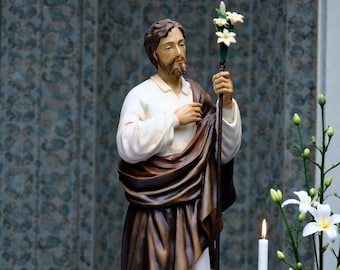 St Joseph Lily Statue 25cm | Hand Painted Catholic Saint Joseph Figurine for Home Altar Prayer Gift Decor