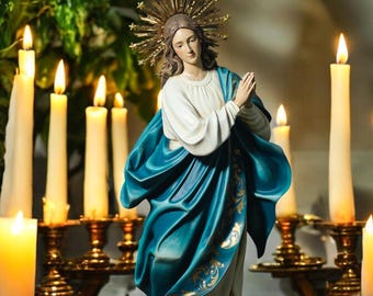 Handbemalte Jungfrau Maria Statue: Unbefleckte Empfängnis mit Engeln, Goldkrone (60 cm)