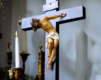 Jesus Crucifix Statue with Base | Hand Painted Catholic Cross for Home Altar Prayer Corner Religious Gift