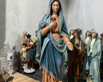 Estatua del Inmaculado Corazón de María pintada a mano, decoración católica vintage