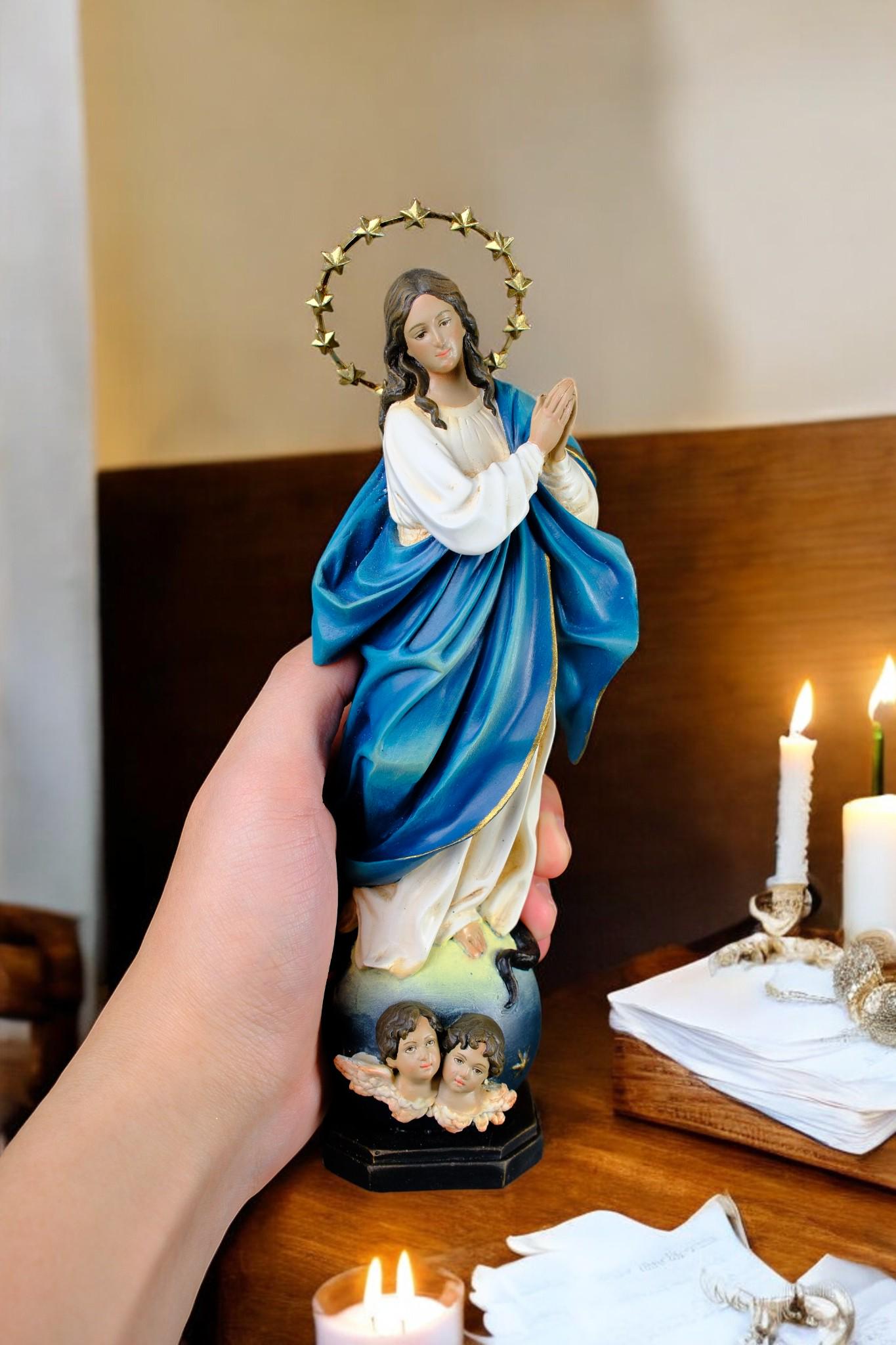 Figurine Du Cœur Immaculé De Marie En Résine - Décoration Pieuse De 13,5 Cm Avec Socle