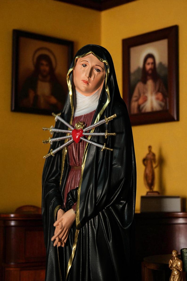 Our Lady of Sorrows Statue – Handmade Brown Black Virgin Mary Figurine with Two Heart Sword Sets, Catholic Gift Prayer Corner Decor image 3