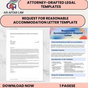 Puede incluir: Un documento titulado "Solicitud de plantilla de carta de adaptación razonable" con el texto "Plantillas legales redactadas por abogados" y "AH AFTAB LAW" en la parte superior. El documento incluye una carta de muestra e información sobre adaptaciones razonables.