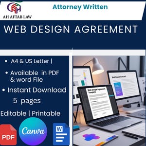 May include: A dark blue graphic with the text "WEB DESIGN AGREEMENT" and "Attorney Written." Additional text includes "A4 & US Letter," "Available in PDF & word File," "Instant Download," and "Editable | Printable." The image also shows a laptop and computer screens.
