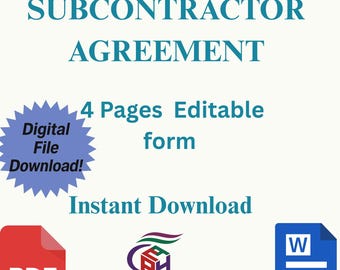 Subcontractor Agreement Template PDF - Construction Contract Legal Document Form Editable Instant Download