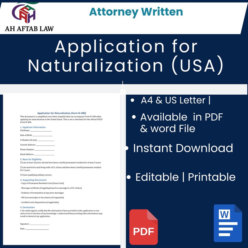 Naturalization Document Example Naturalization Application Template: USCIS Form N-400, Cover Letter ...