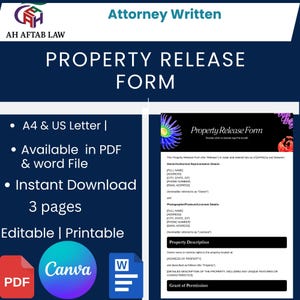 May include: A digital property release form, attorney-written, available in PDF and Word file formats. The form is editable, printable, and includes a Canva template. The design features a dark blue background with white text.