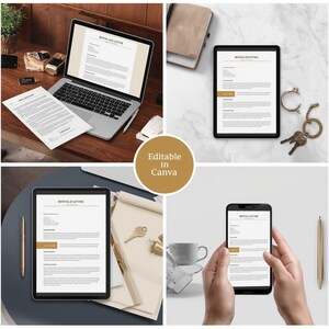 May include: A collage of images showcasing a rental agreement letter on various devices. A laptop, tablet, and smartphone display the document. The text "Editable in Canva" is in a circular graphic. A pen, keys, and a coffee cup are also visible.