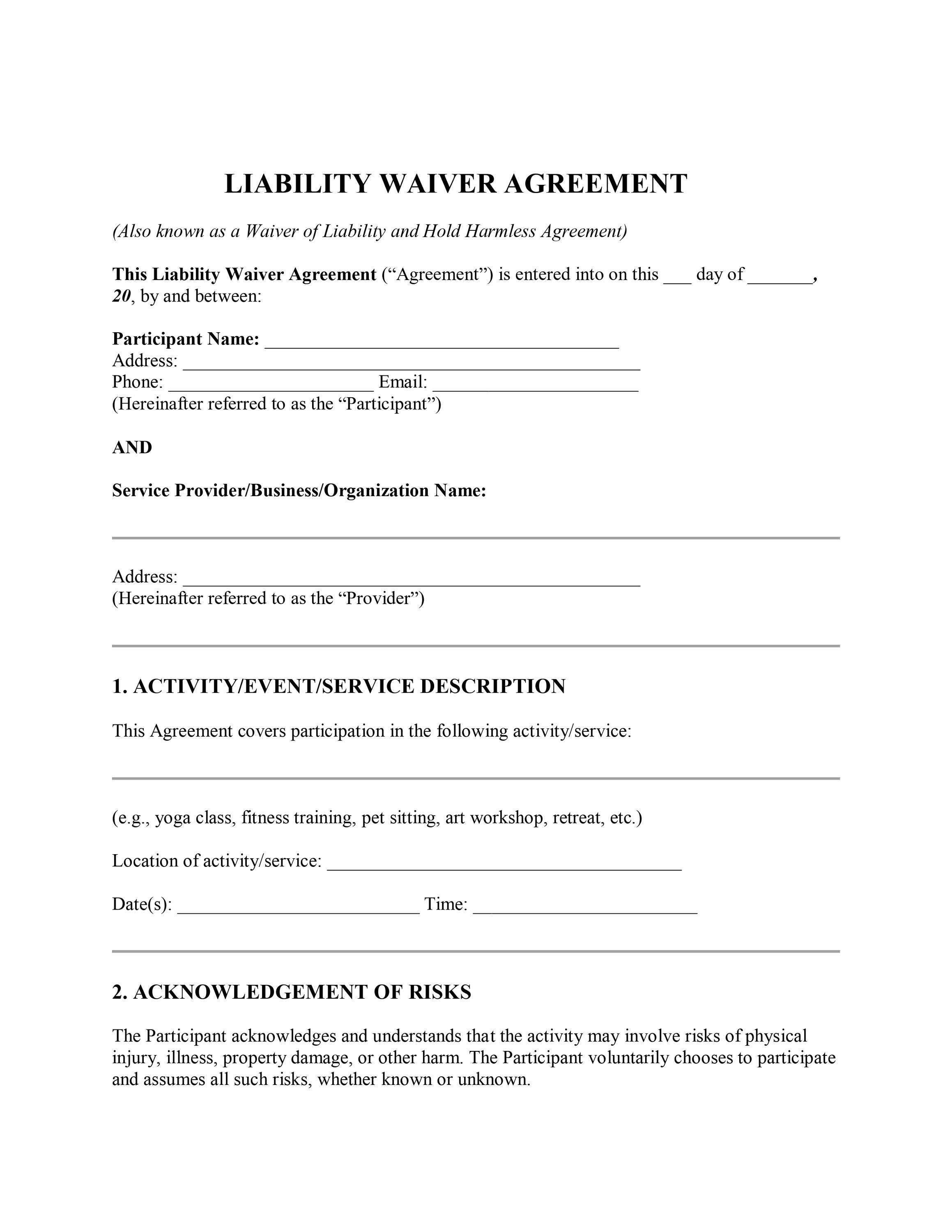 Liability Waiver Agreement Template | General Release of Liability Form ...