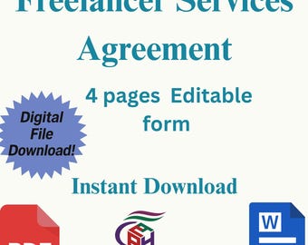 Può includere: Un documento digitale intitolato "Freelancer Services Agreement" con il testo "4 pages Editable form" e "Instant Download". Include un'icona PDF, un logo e un'icona di documento Word. Le parole "Digital File Download!" sono in una stella blu.