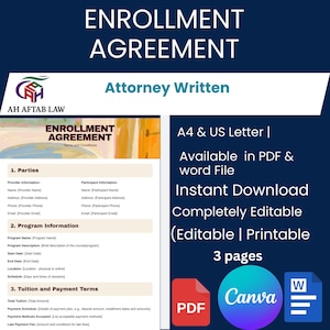 Editable Enrollment Agreement Template: PDF & Word (A4/US Letter Digital Download