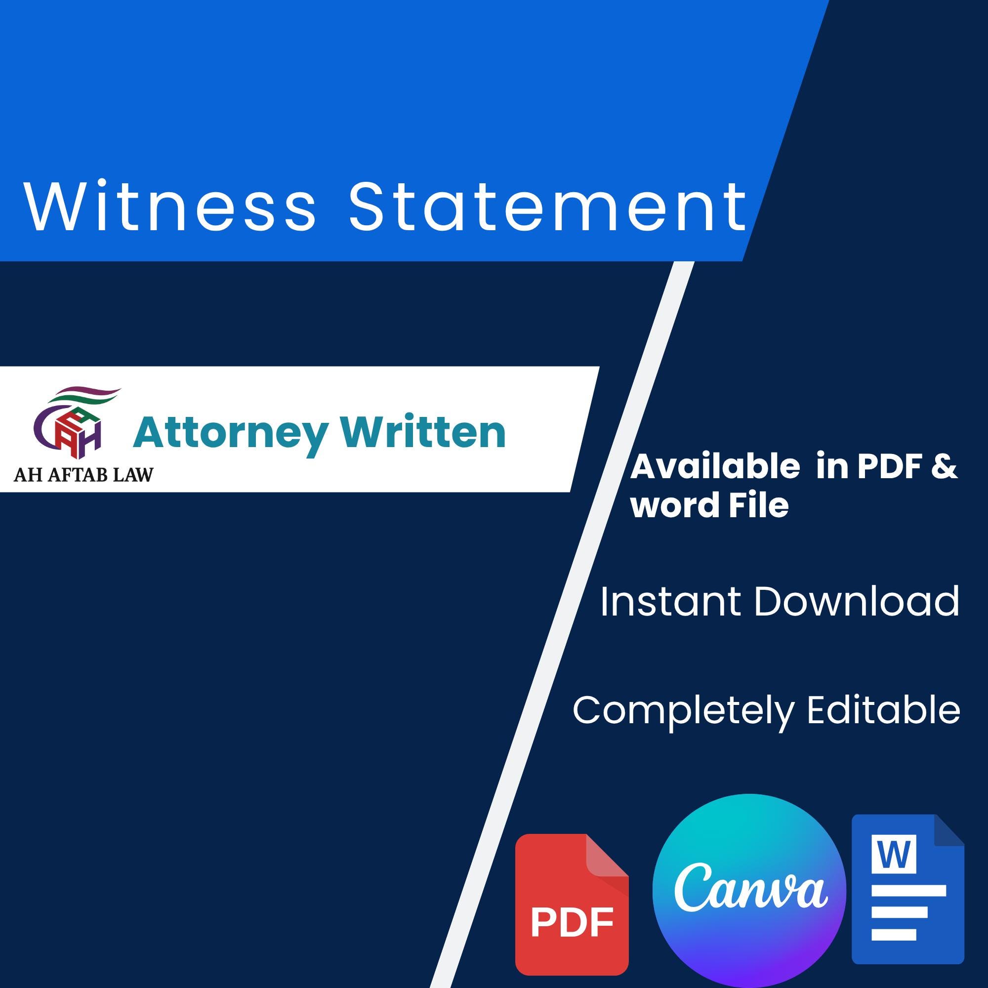 Witness Statement Editable Witness Statement Template | Legal Declaration Form | Editable Word ...