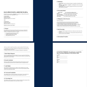 May include: A document titled "DATA PROCESSING ADDENDUM (DPA)" with text in black font on a white background. The document is divided into sections, including Purpose, Definitions, Processing Details, and Obligations of the Processor.