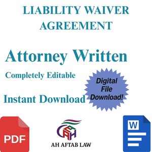 Puede incluir: Gráfico de archivo digital con el texto "LIABILITY WAIVER AGREEMENT" y "Attorney Written". Incluye un icono PDF, un logotipo y un icono de documento de Word. También están presentes las palabras "Instant Download" y "Digital File Download!"