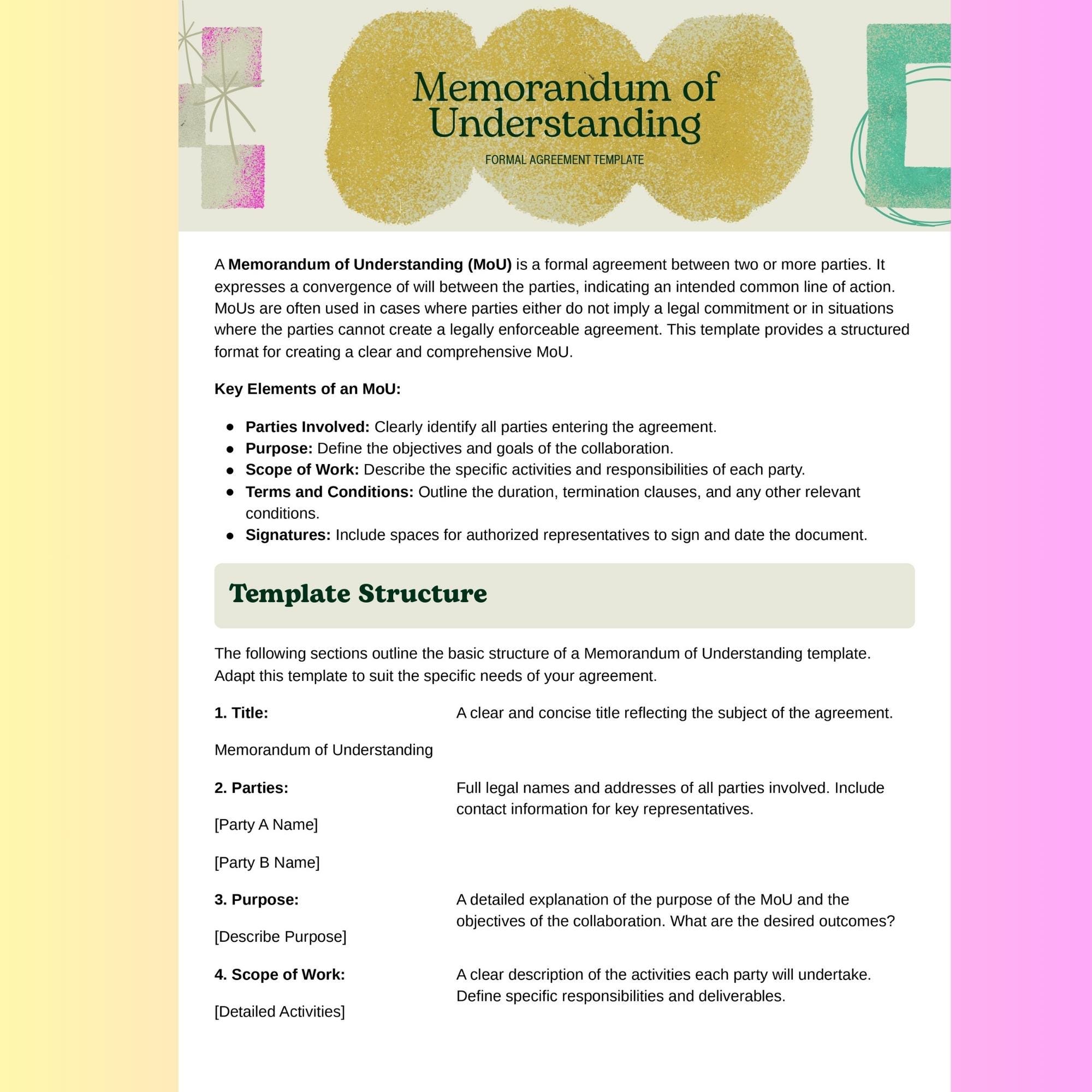 Memorandum of Understanding Template | Printable Business Partnership ...
