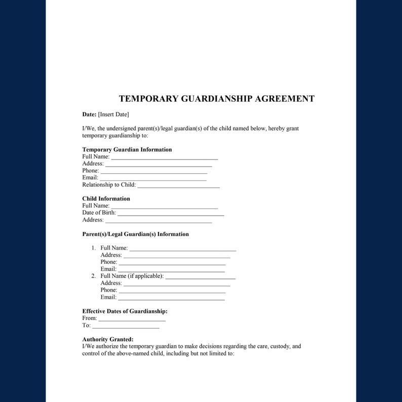 Temporary Guardianship Agreement Form Printable | Child Care Legal ...