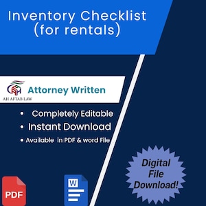 May include: A digital inventory checklist for rentals, attorney-written, with a blue and white design. The checklist is completely editable and available for instant download in PDF and Word file formats. Includes the text "Digital File Download!"