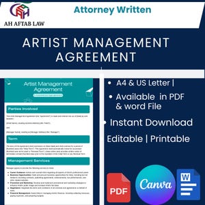 以下が含まれることがあります： ティールと白のデザインのデジタルアーティスト管理契約テンプレート。契約には、関係者、条件、管理サービスに関するセクションが含まれています。 PDF および Word ファイル形式で利用可能で、すぐにダウンロードして印刷できます。