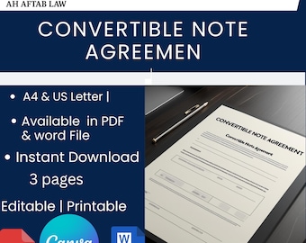 Convertible Note Agreement , Startup Loan Contract , Investor Funding Agreement, PDF Download (US Letter Size)