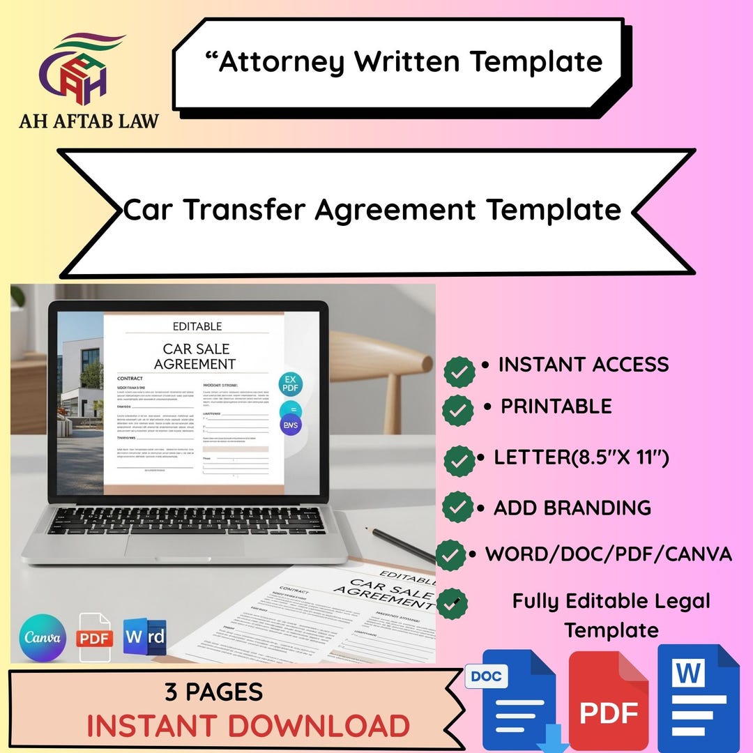 Car Transfer Agreement Template | Editable Vehicle Purchase Contract ...
